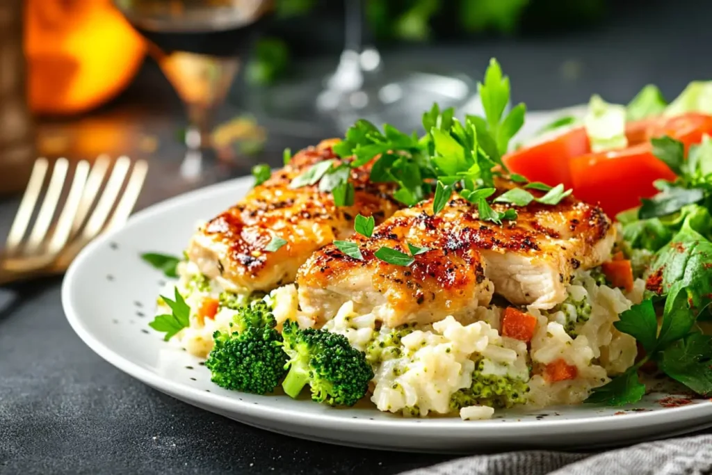  Plated serving of chicken broccoli rice casserole with garnish