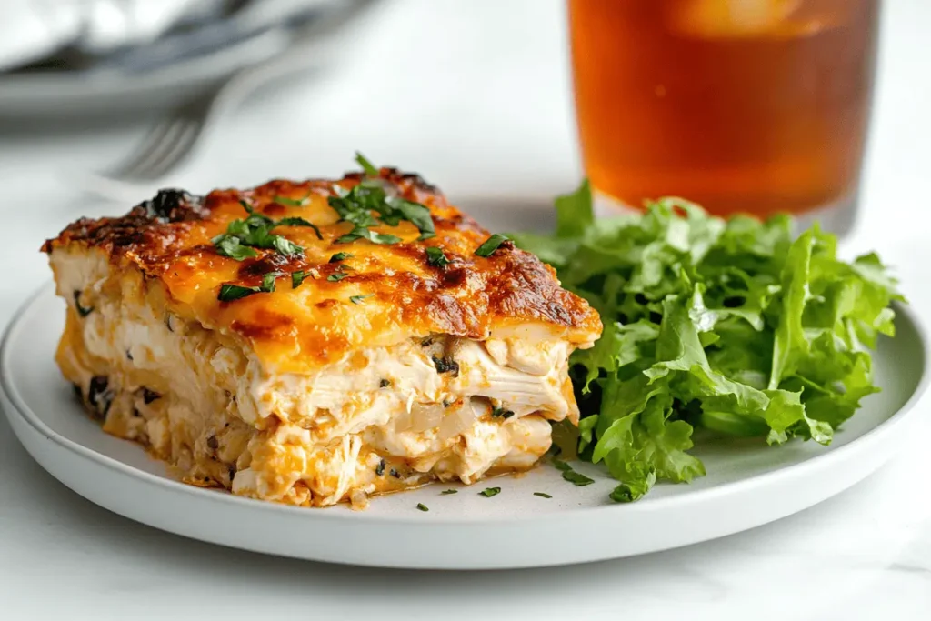 Plated slice of Million Dollar Chicken Casserole with a green salad.