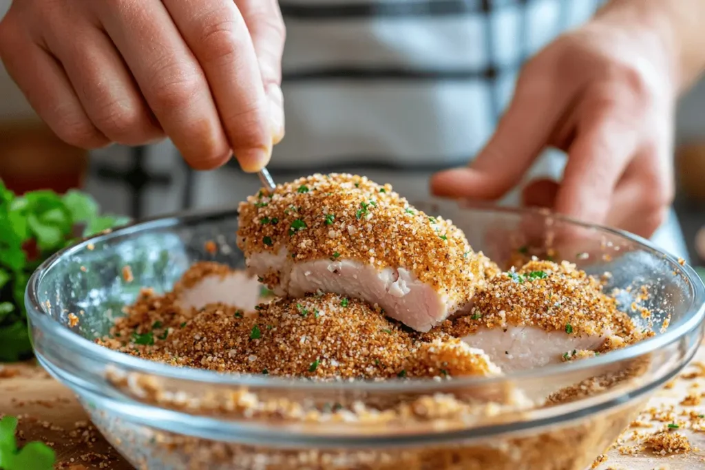 Breading chicken cutlets with seasoned breadcrumbs.