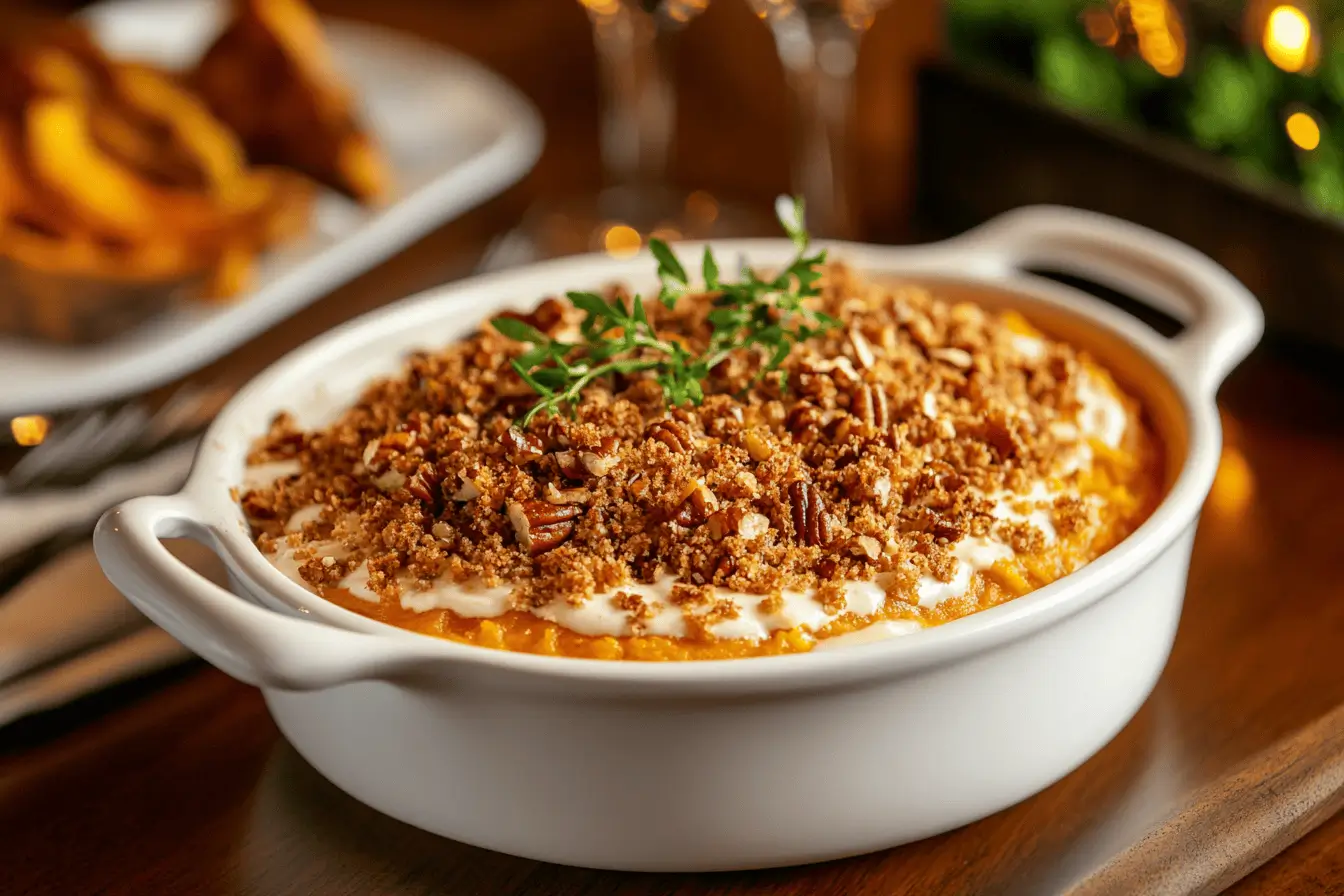 Ruth Chris Sweet Potato Casserole with golden pecan topping.