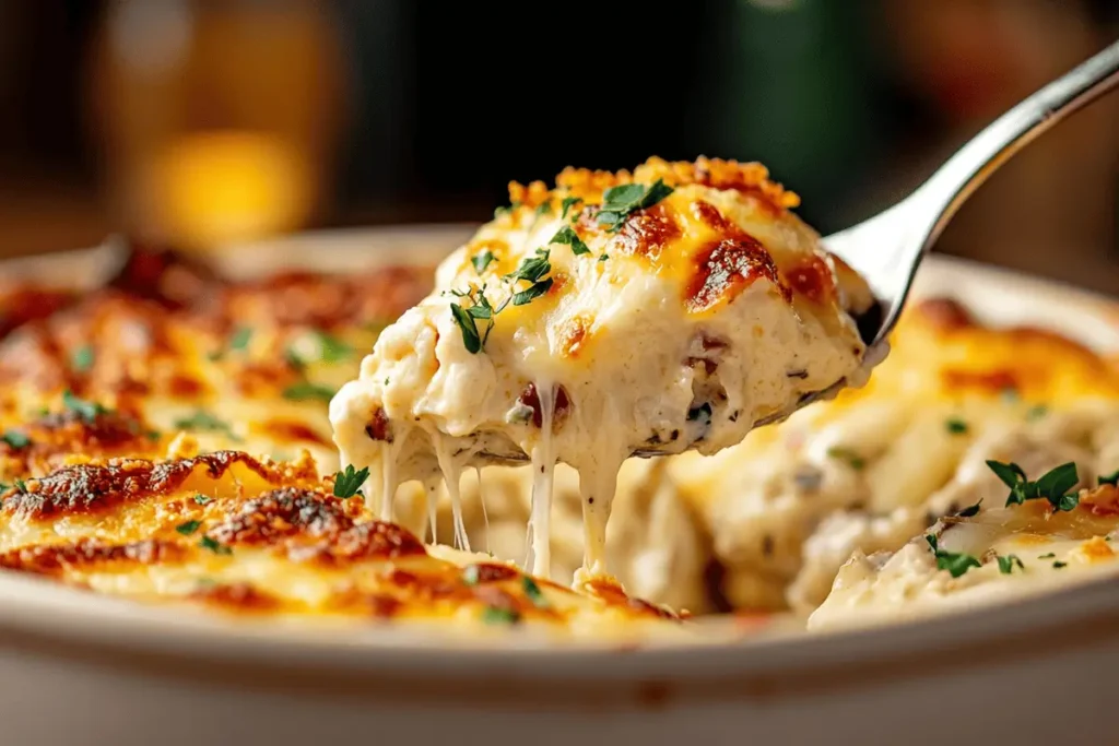 Spoon scooping creamy, cheesy Million Dollar Chicken Casserole.