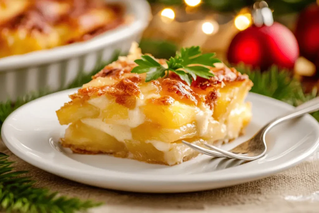  A serving of pineapple casserole on a white plate with garnish