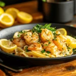 Shrimp scampi with pasta garnished with parsley and lemon slices.