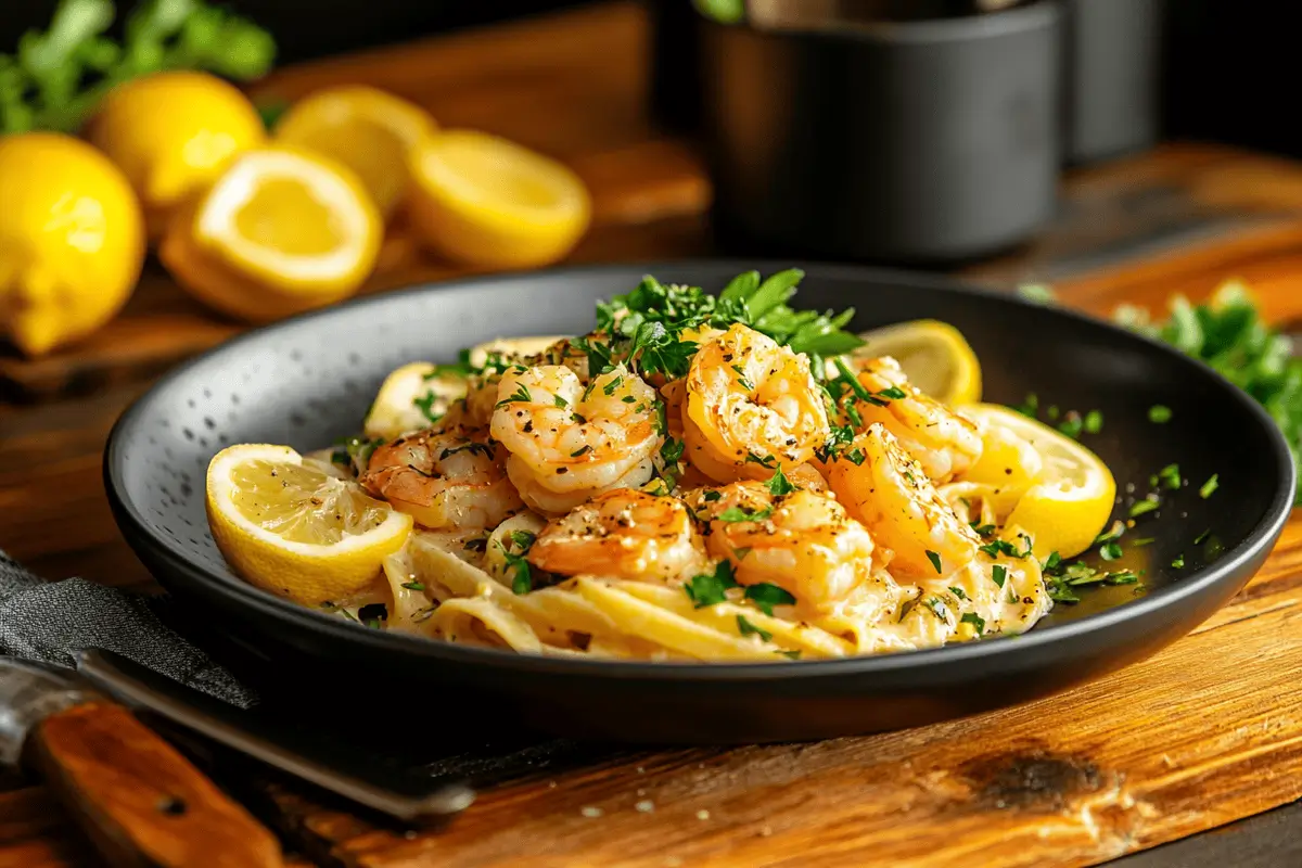 Shrimp scampi with pasta garnished with parsley and lemon slices.