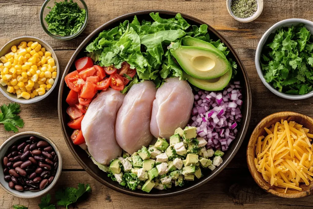 Fresh ingredients for Southwest Chicken Salad laid out on a wooden counter.