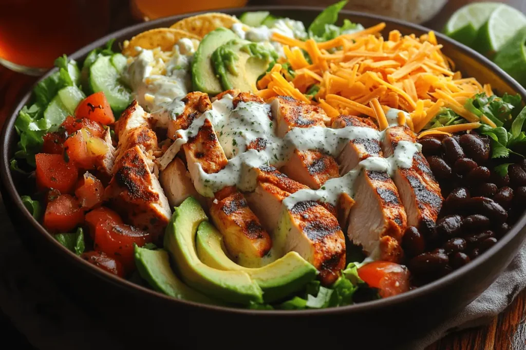 A fresh Southwest Chicken Salad drizzled with creamy cilantro lime dressing.