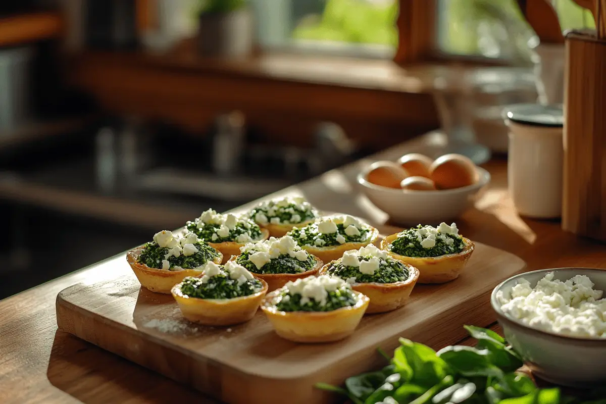 Freshly baked spinach feta egg cups on a kitchen counter.