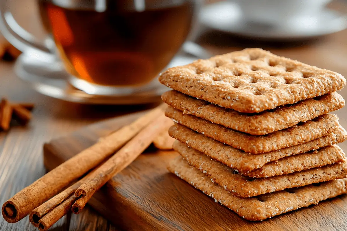 Stack of gluten-free graham crackers and tea.