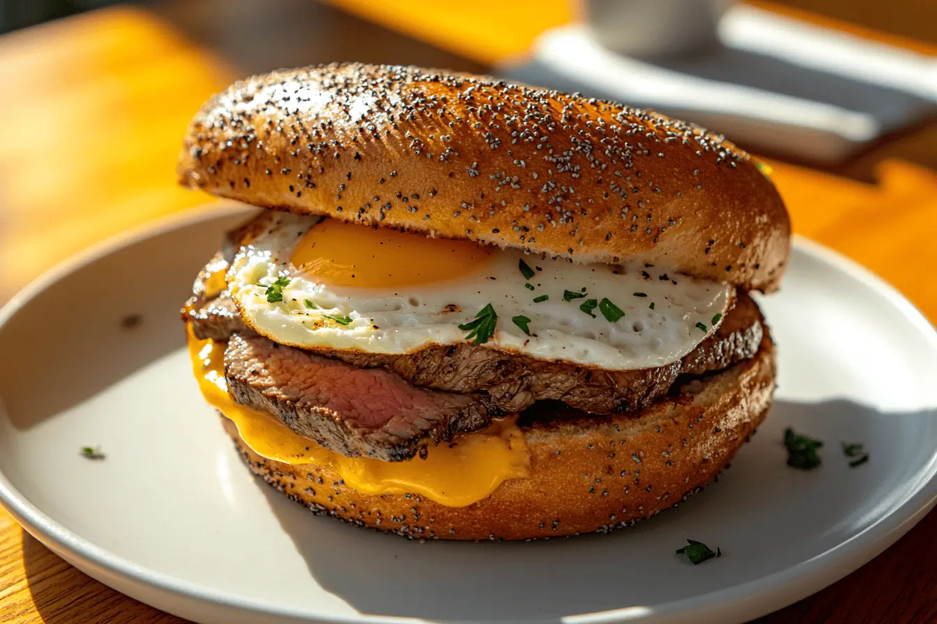 Steak Egg and Cheese Bagel on a wooden plate with fresh ingredients.