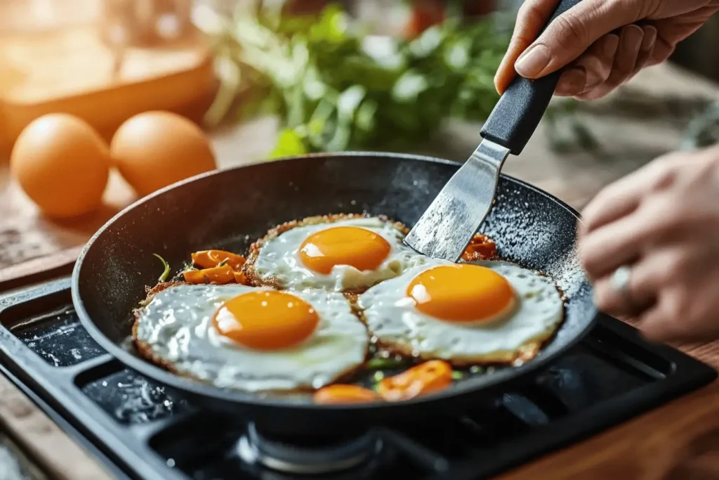  Cooking eggs over hard in a non-stick skillet.