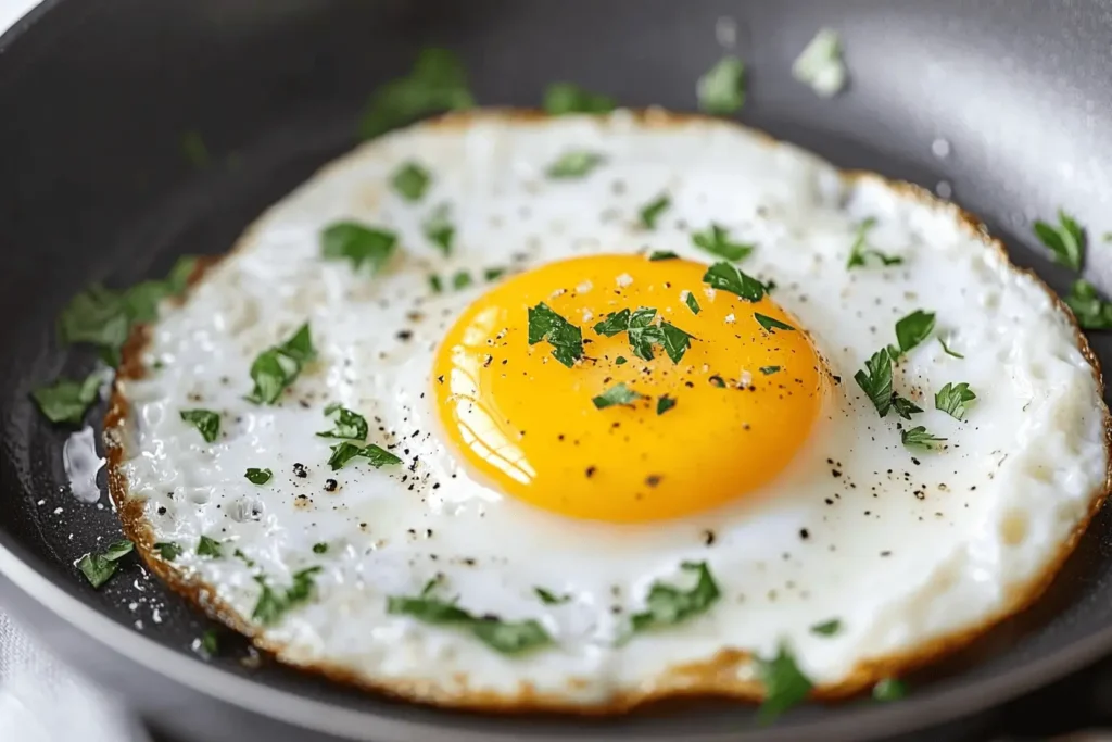 A sunny side up egg frying in a nonstick pan with parsley garnish.