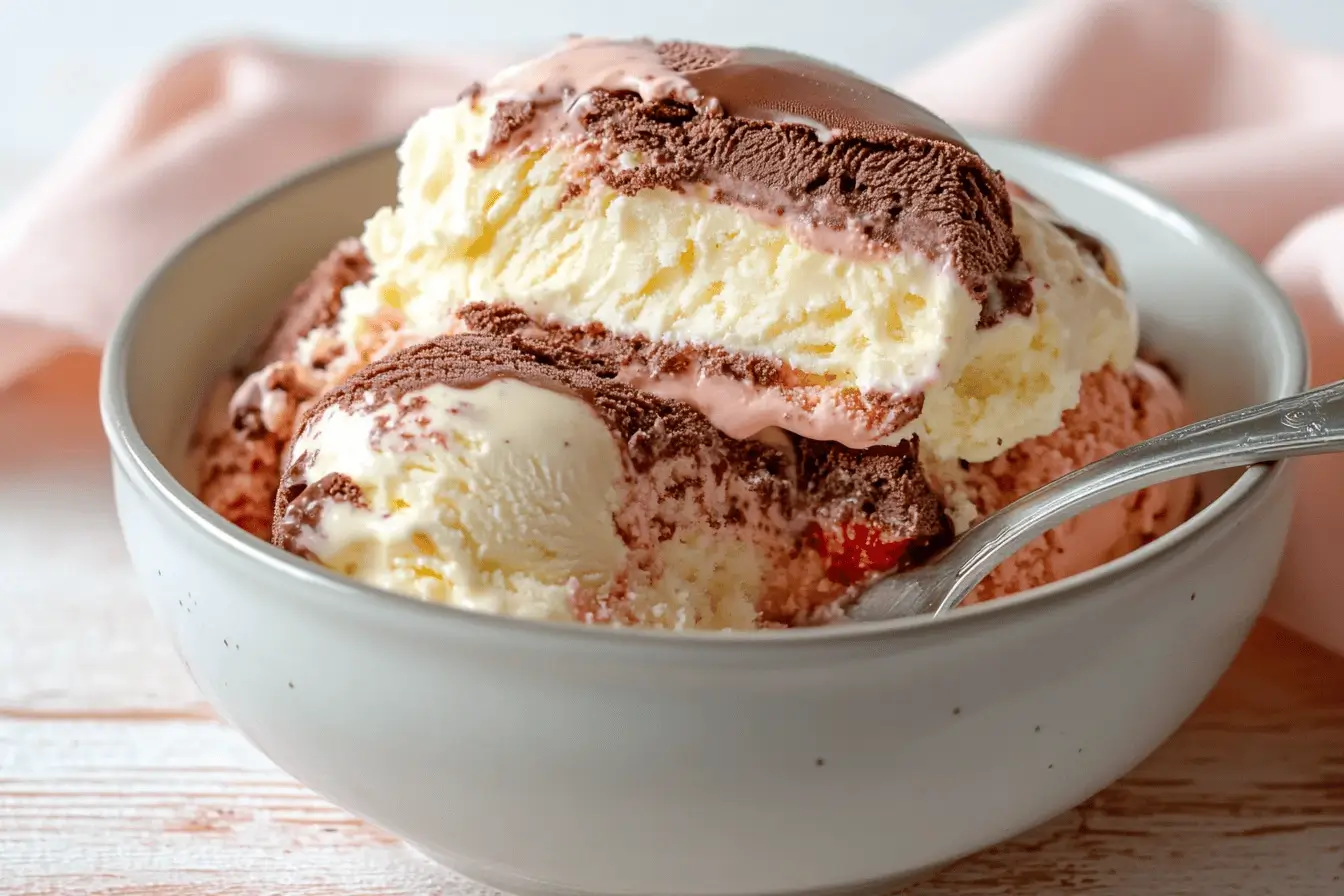 Bowl of Neapolitan ice cream with vanilla, chocolate, and strawberry layers.