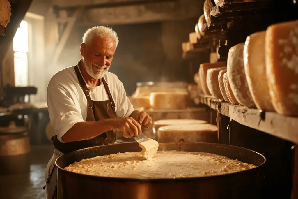 Italian cheesemaker stirring curds in a copper vat