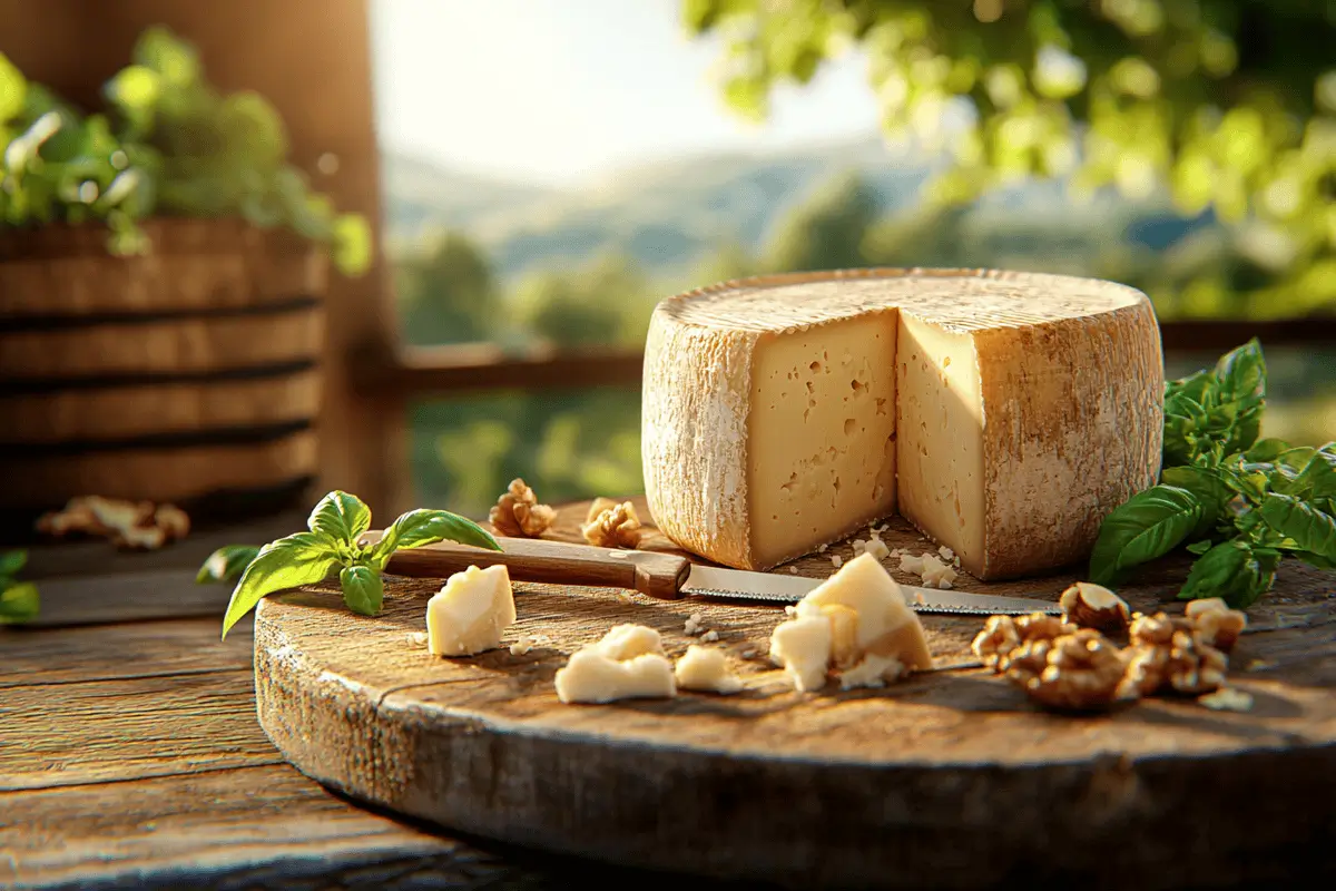 Realistic wheel of Parmigiano Reggiano with broken chunks