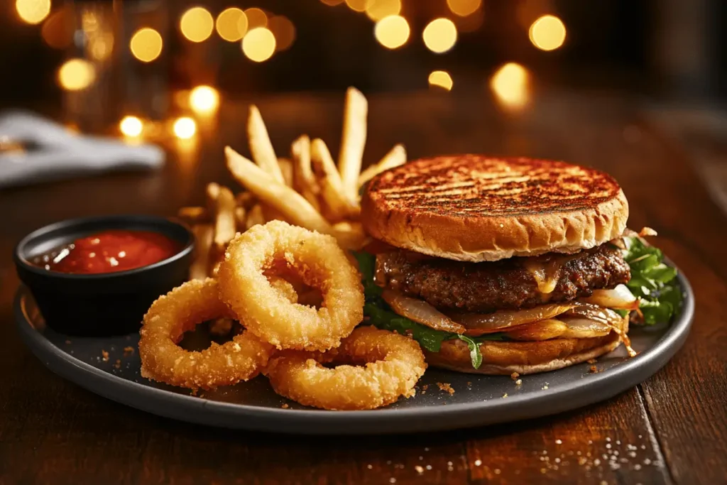 Patty Melt with crispy fries and onion rings on a rustic plate.