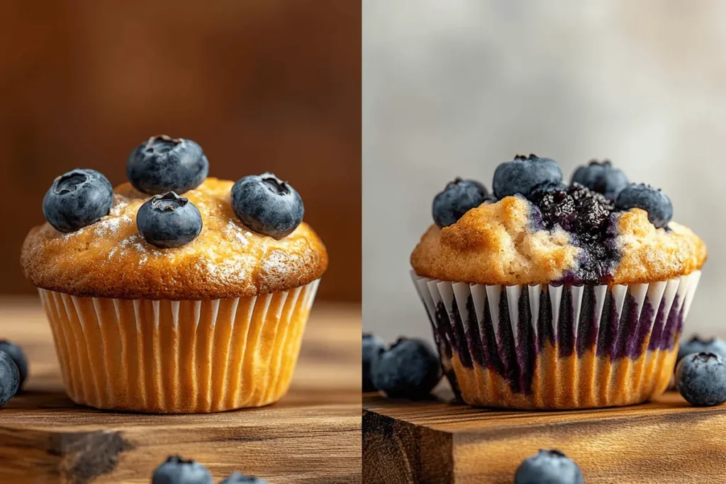 Comparison of a perfect and an overbaked blueberry muffin