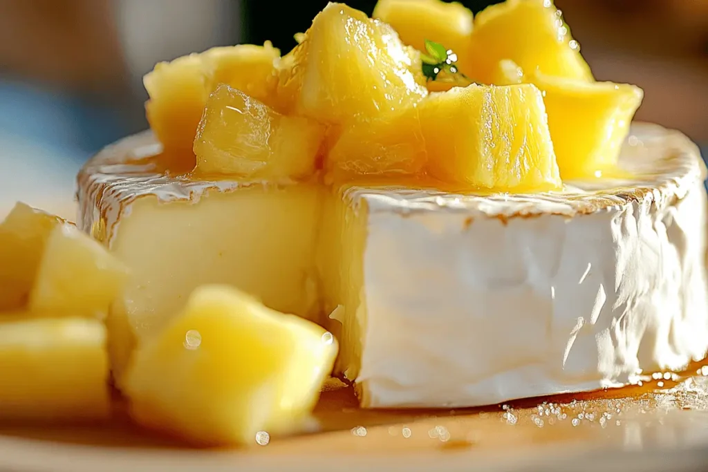 Soft brie cheese with fresh pineapple chunks.