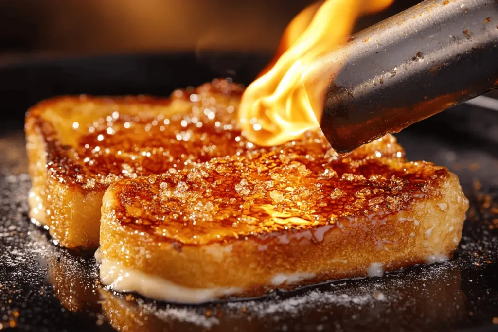  Torch caramelizing sugar on crème brûlée French toast