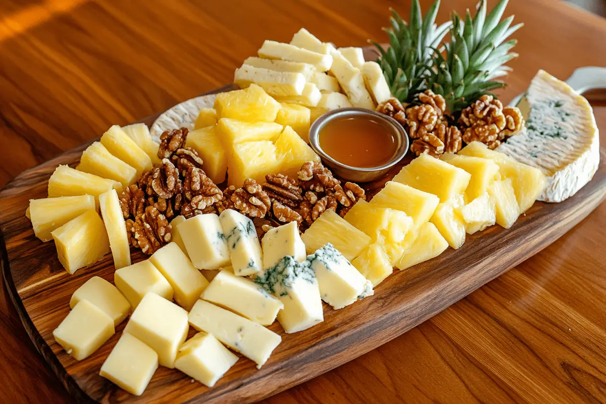 Cheese board with pineapple, Brie, Cheddar, Gouda, and Blue Cheese.