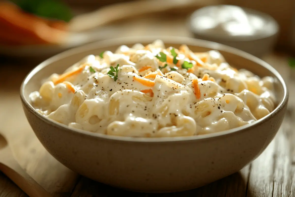 Close-up of creamy homemade Hawaiian macaroni salad in a bowl