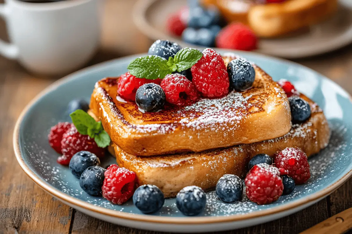 Golden caramelized crème brûlée French toast with berries