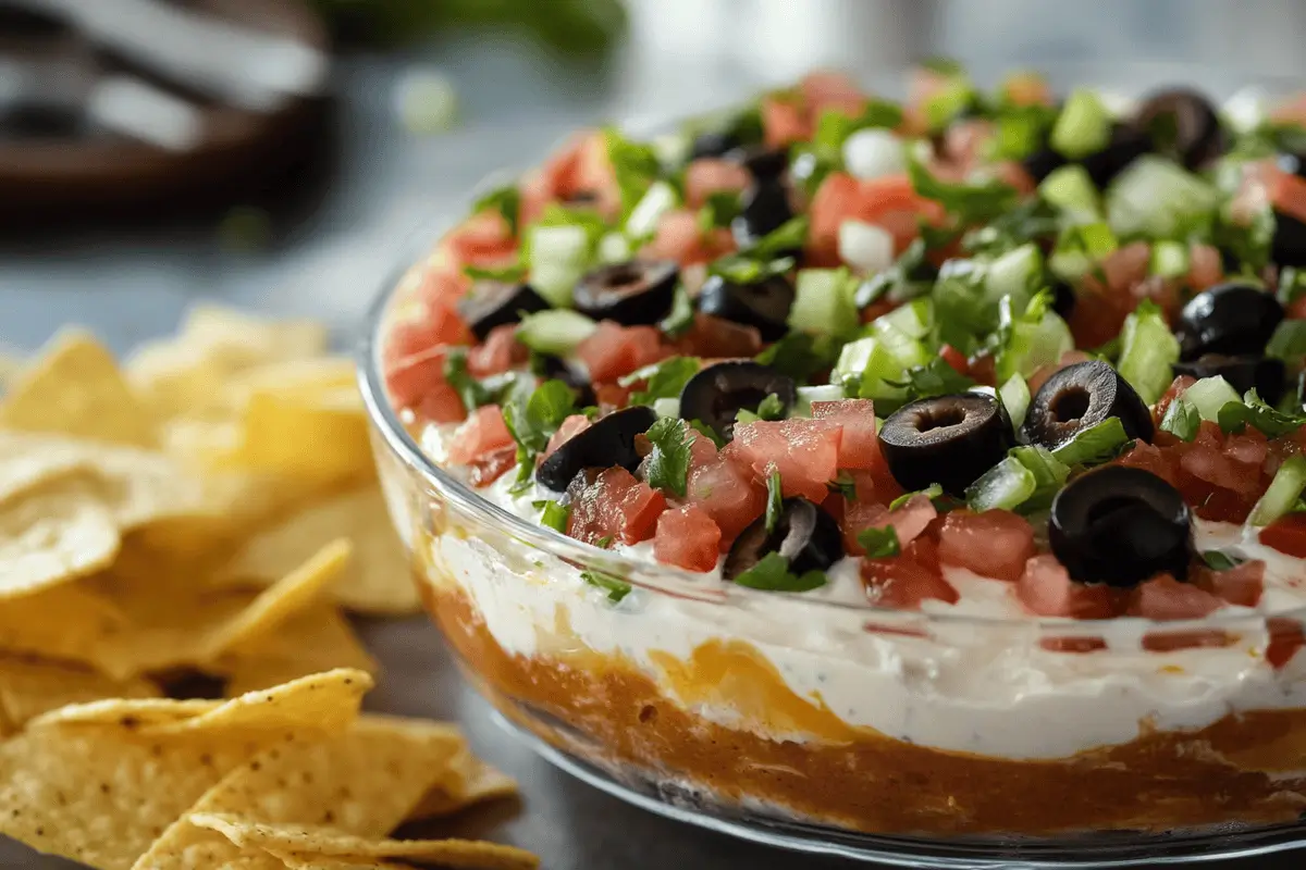 Close-up of a layered taco dip with tortilla chips in a modern kitchen.