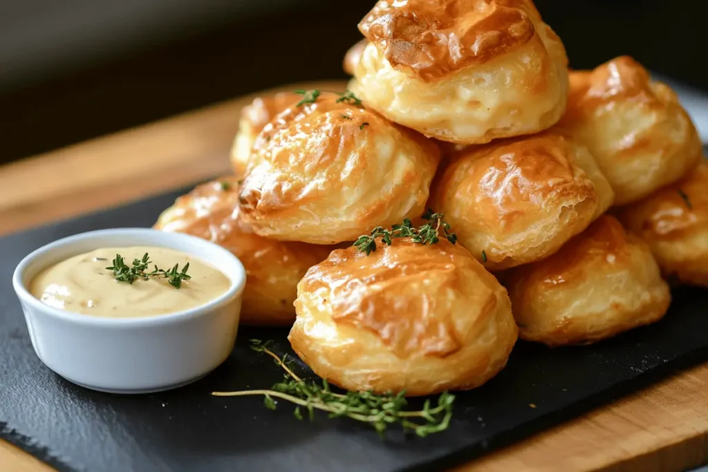 Gruyere Cheese Puffs served on a modern ceramic dish with dipping sauce