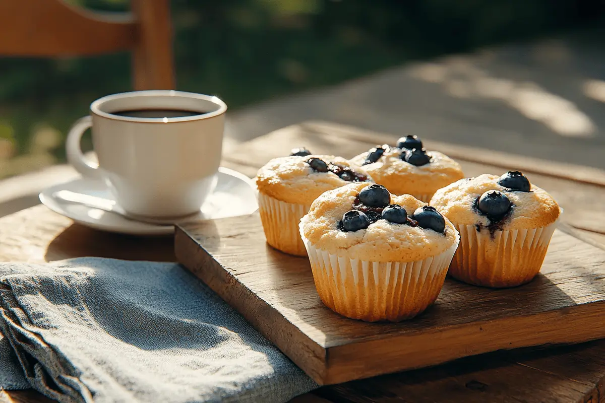 Freshly baked blueberry muffins on a rustic table