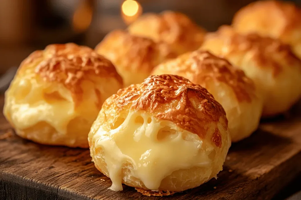 Freshly baked Gruyere Cheese Puffs on a wooden tray