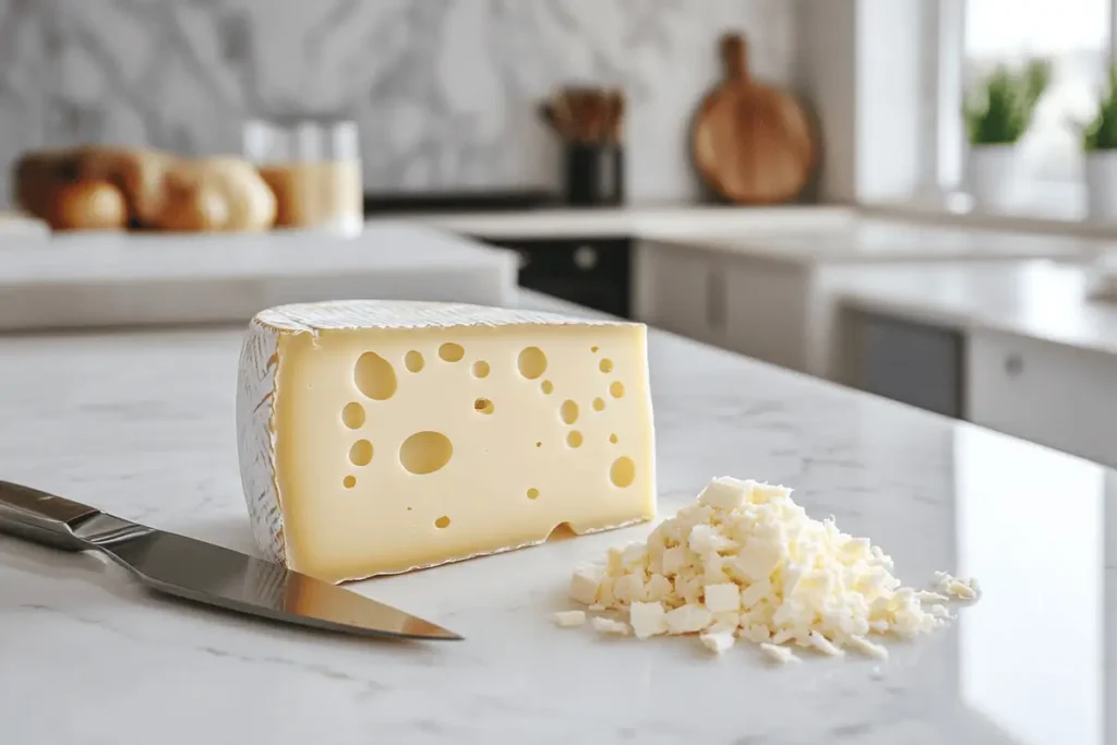 Gruyere and Swiss cheese on a marble countertop in a modern kitchen
