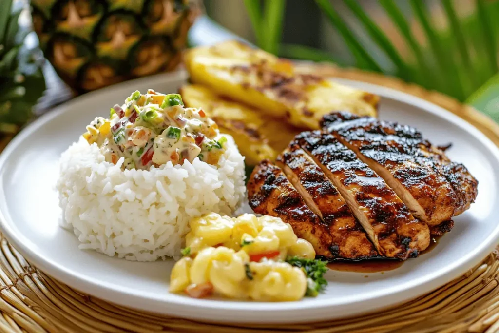  Hawaiian plate lunch with macaroni salad and teriyaki chicken