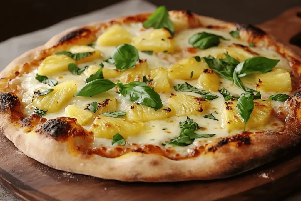 Hawaiian pizza with melted cheese and grilled pineapple.