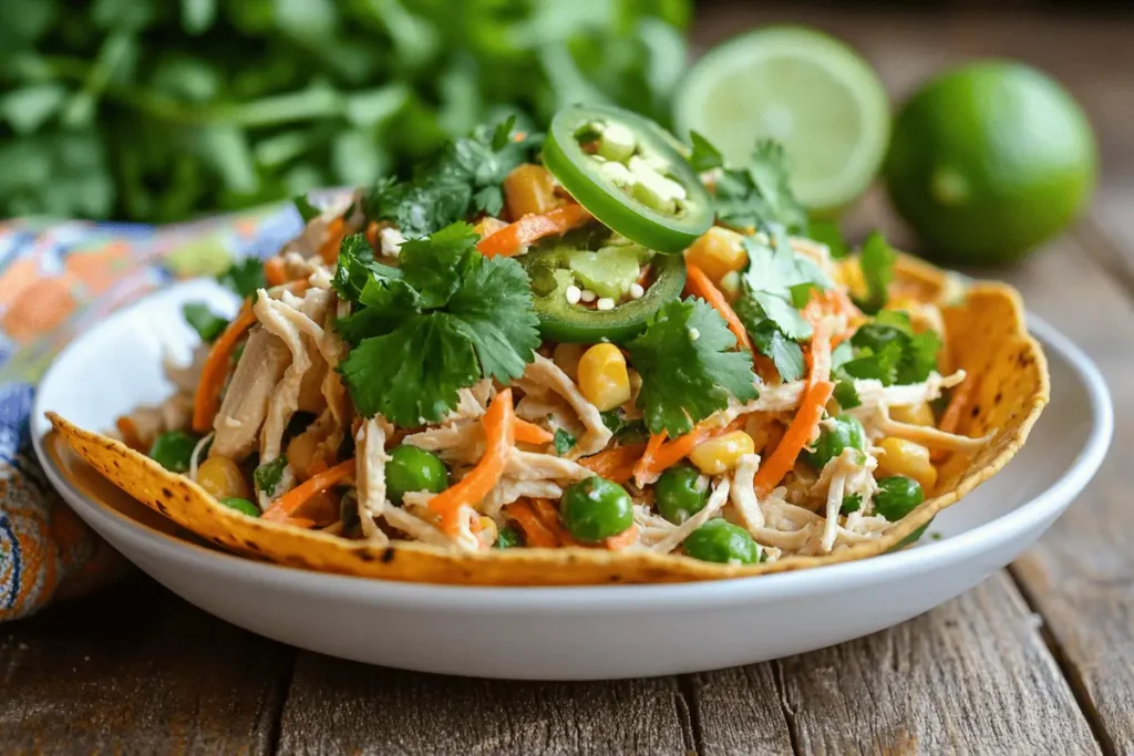 Mexican Chicken Salad served in a crispy taco shell on a white plate.