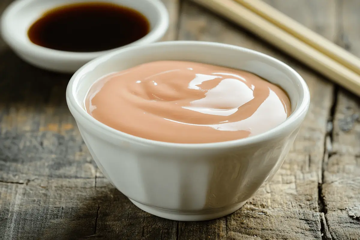 Yum Yum Sauce in a white bowl on a wooden table.