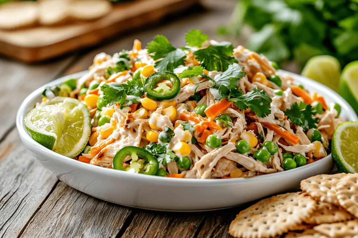 Homemade Mexican Chicken Salad served on a white dish with crackers.