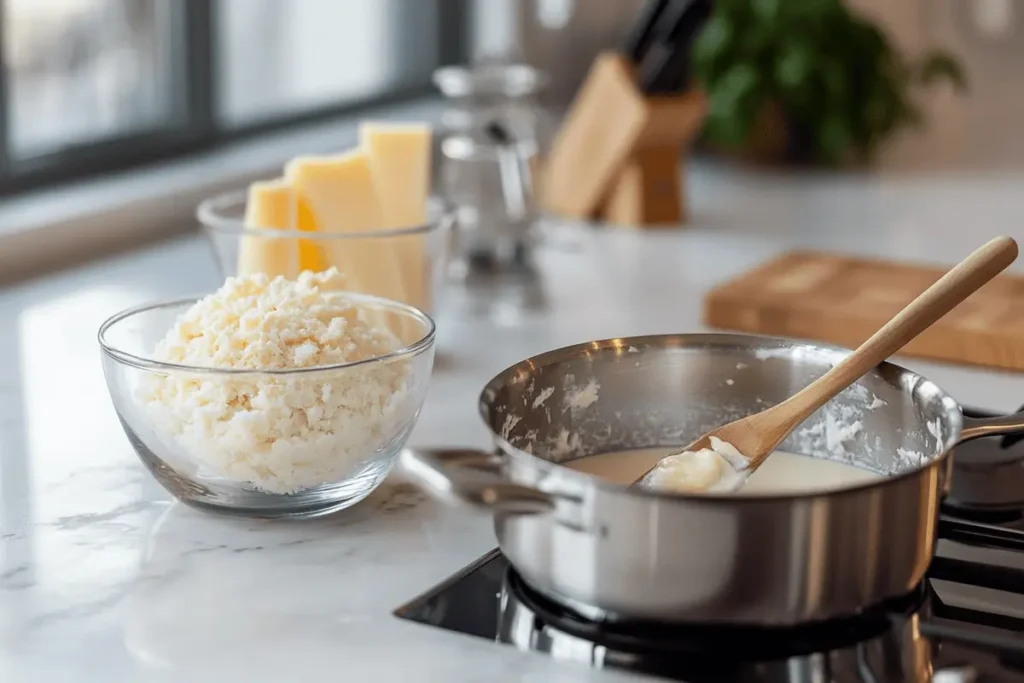 Choux pastry dough being prepared for Gruyere Cheese Puffs in a modern kitchen