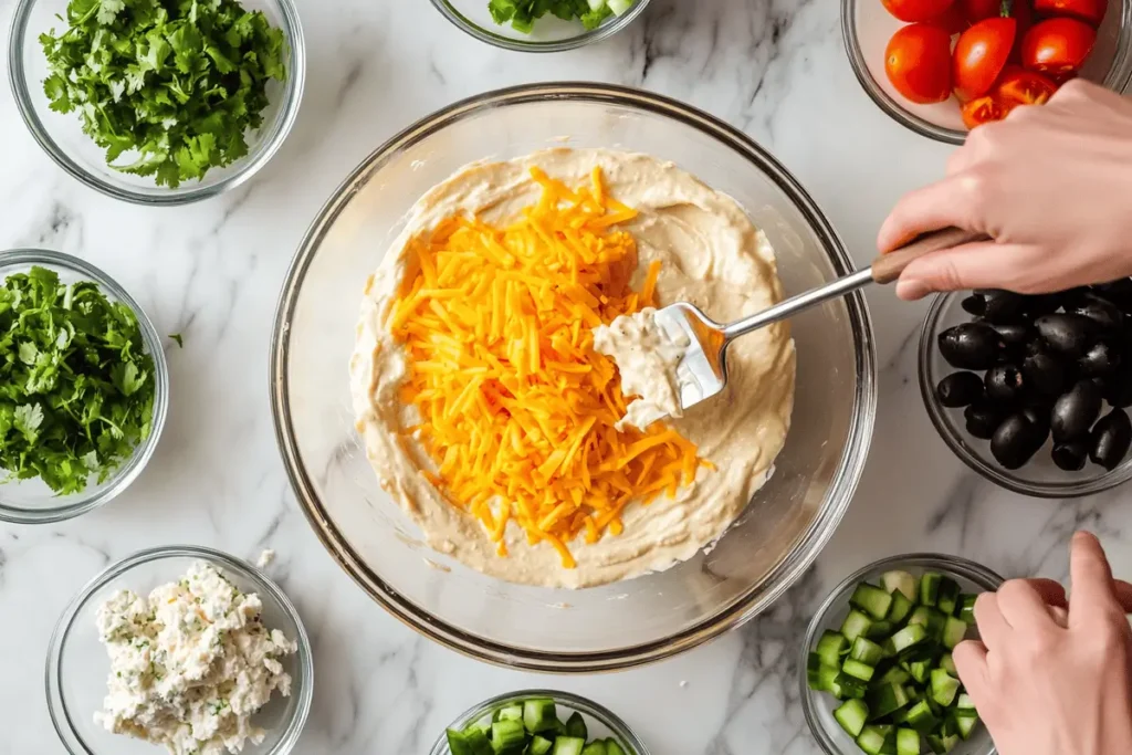 Hands spreading creamy mixture into a glass dish for taco dip preparation in a modern kitchen.