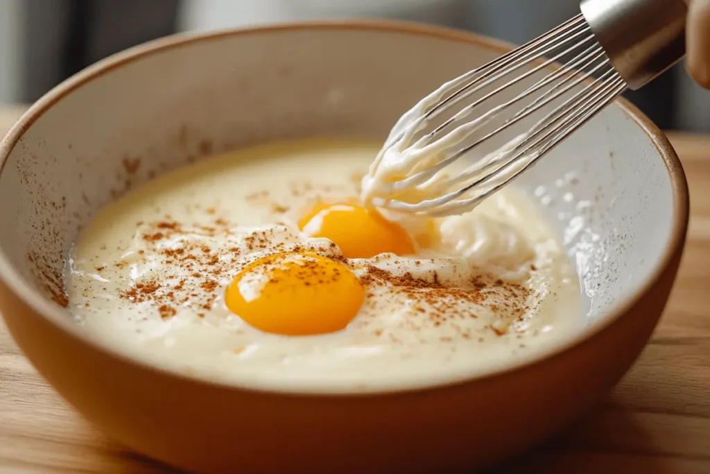 Whisking eggs, cream, and vanilla for French toast custard