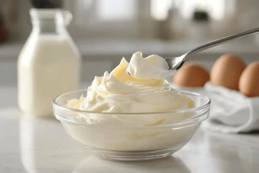 A glass bowl of fresh, thick heavy cream with a spoon