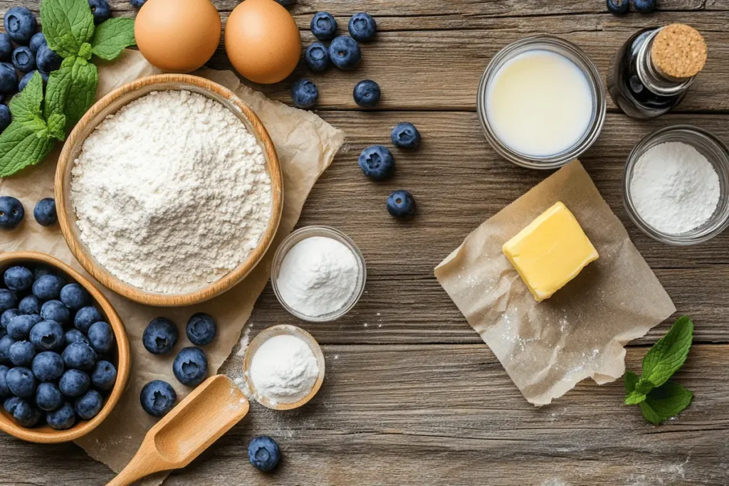 Small portions of ingredients for a homemade blueberry muffin recipe