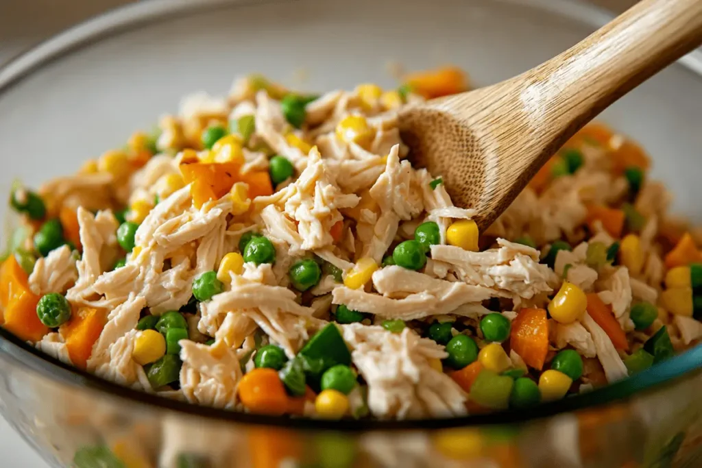 Mixing Mexican Chicken Salad ingredients in a bowl.