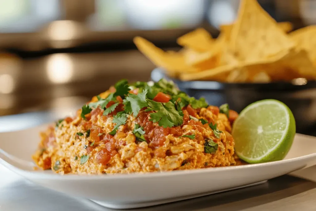 Served portion of taco dip with cilantro and lime in a modern kitchen.