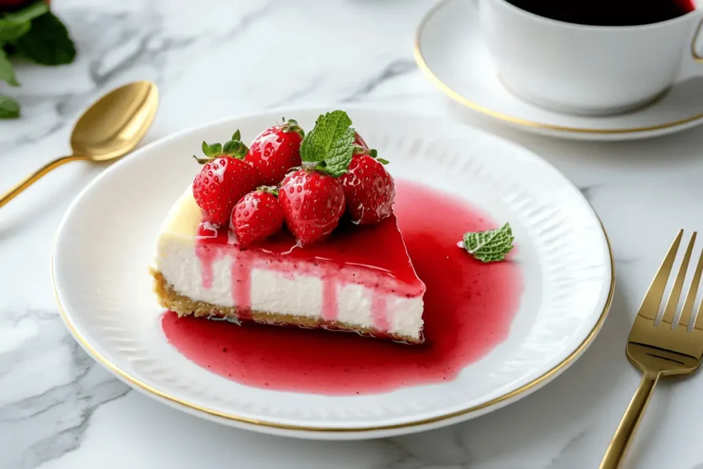 Cheesecake topped with strawberry puree on a modern kitchen island.