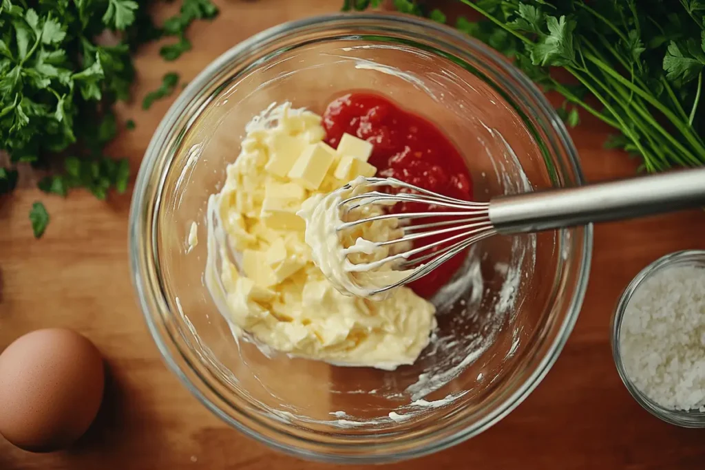 Mixing yum yum sauce ingredients in a glass bowl.