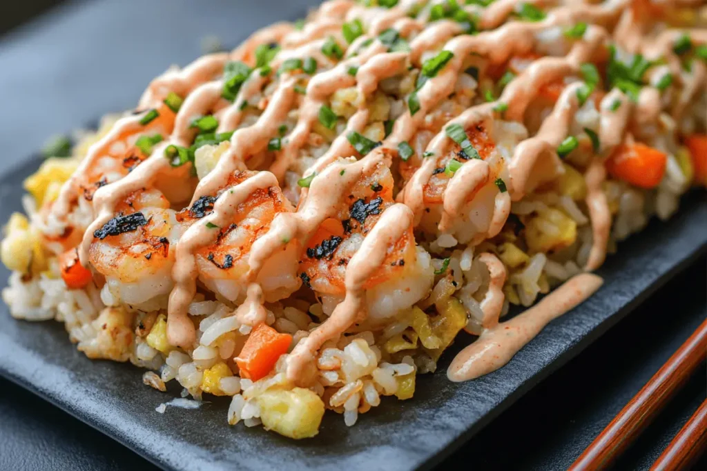 Yum Yum Sauce drizzled over hibachi-style fried rice.