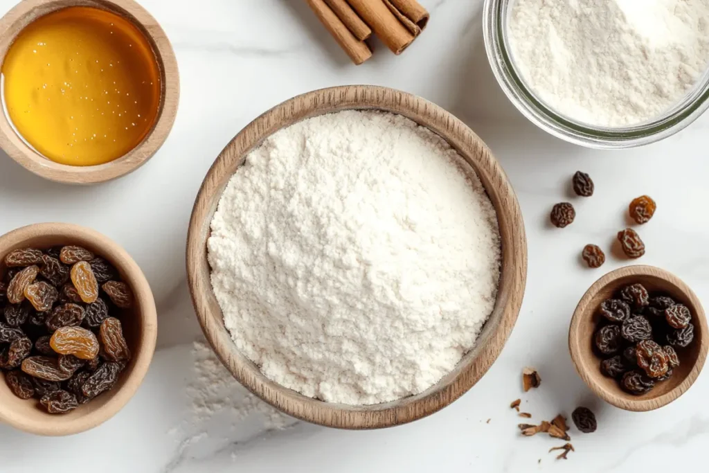 Ingredients for cinnamon raisin sourdough bread on a modern countertop