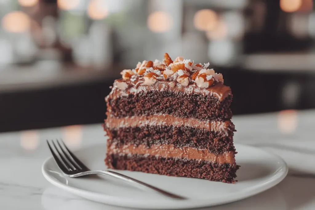 A slice of German chocolate cake with coconut-pecan frosting on a plate in a modern kitchen."