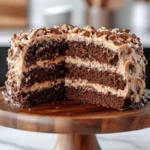 Side view of a German chocolate cake with layers of coconut-pecan frosting in a modern kitchen.