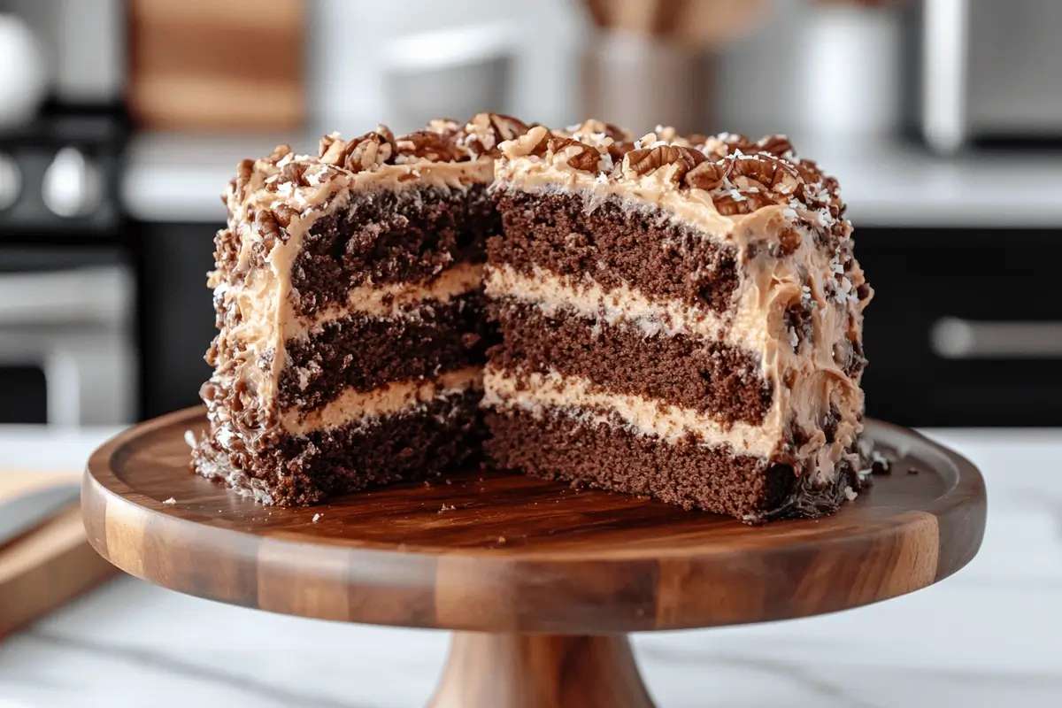 Side view of a German chocolate cake with layers of coconut-pecan frosting in a modern kitchen.