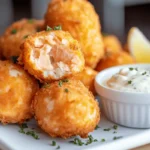 Close-up of crispy salmon croquettes with lemon wedges and tartar sauce.